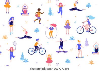 People in the park seamless pattern white background. Children doing activities and sports outdoor flat design vector illustration. Women doing yoga, stretching, fitness outside isolated.