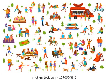 people in the park set. man woman couples family children friends group seniors walking relaxing sit on benches work on laptops, read book, exercise, on picnic, party, dance, play ball, lying on grass