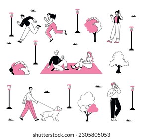 People at park set. Men and women relax outdoors. Couple on picnic and pet owner with dogs on walk. Romantic meeting at public park. Linear flat vector collection isolated on white background