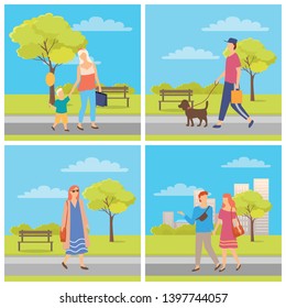 People in park set, mom and son, man with dog, couple dating and woman going outdoor, person character in casual clothes, leisure or weekend vector