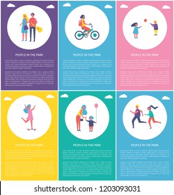 People in park set of posters text. Woman on bike, skating girl, running couple and family. Mother and son with balloons, people with guitar vector