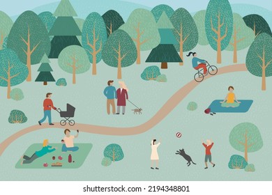 People in park in spring or summer. Happy men and women walking with dog, having picnic, kids playing with a ball, doing yoga outdoor, nature romantic dates, riding bicycle. Vector cartoon concept.