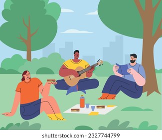 People in the park. Summer vacation and picnic. A man plays the guitar, reading a book, a girl eats a sandwich. Flat vector illustration
