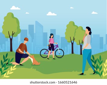 people in park with urban landscape vector illustration design