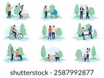 People in park vector collection - Set of illustration with group of characters enjoying free time outdoors doing various activities in nature forest or public park setting