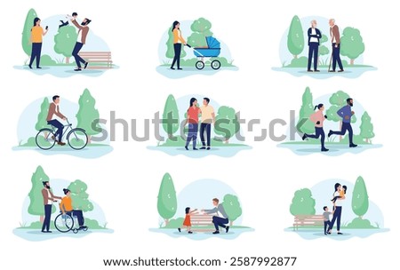 People in park vector collection - Set of illustration with group of characters enjoying free time outdoors doing various activities in nature forest or public park setting