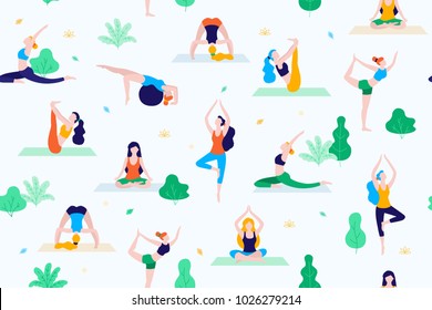 People in the park vector flat illustration. Women walk in the park and do sports, yoga and physical exercises. Park seamless pattern.