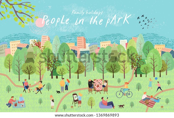 公園の人々 自然の中でピクニックに休む人のベクターイラスト バーベキュー 子どもゲーム ウォークなど 湖のそばの森で週末 家族が手描きで描いています トップビュー のベクター画像素材 ロイヤリティフリー 1369869893