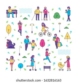 People in park vector illustration isolated set pattern. Men, women, children activities, leisure and rest outdoors in park. Walk, yoga, scooter and bicycle riding, selfie. Bench, water in pond, dog.