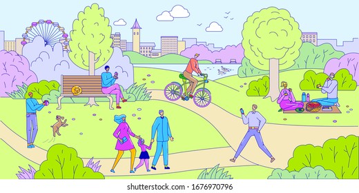 People in park vector illustration. Outdoor activity and leisure in parkland. Cartoon characters relax in city park. Man plays with his dog. Couple have picnic. Family walks together. Boy rides bike.