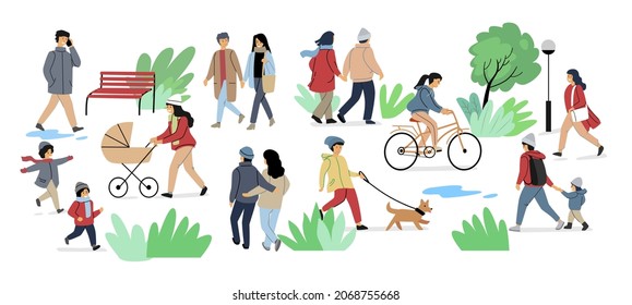 People at park walk leisure outdoor spring time. Cartoon vector characters