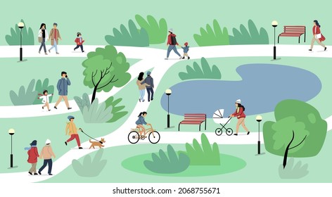 People at park walk leisure outdoor spring time. Cartoon vector characters