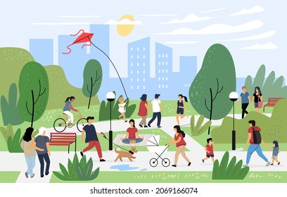 People at park walk leisure outdoor summer time. Cartoon vector characters