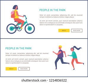 People in park woman riding bike and couple jogging. Teenager in casual clothes and with backpack cycling in park or city road, healthy lifestyle theme