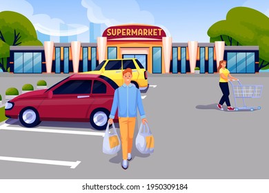 People at parking lot near supermarket scene. Young man with bags in hands with groceries, woman with empty cart vector illustration. Outdoor horizontal view with cars and shop.