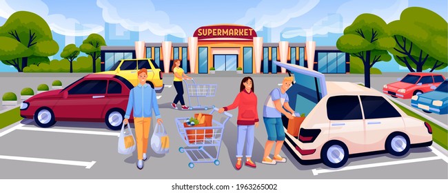 People at parking lot near supermarket scene. Man loading groceries into trunk of car, woman with cart, guy with bags with food vector illustration. Outdoor horizontal panorama.