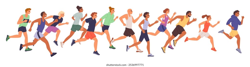 People participate in marathon. Running athletes group. Light athletics. Speed competitions. Men and women in tracksuits. Sprinters race tournament. Sport championship