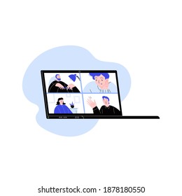 People participating in the online conference call. Friends meeting up online. Team working from home via videocall. Laptop screen