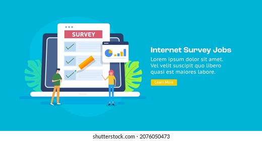 People participating online survey, Customers sharing experience on internet survey, Digital marketing strategy - flat design vector banner