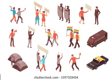 People participating in street protests and police officers isometric icons set 3d isolated vector illustration