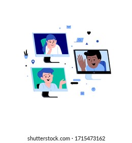 People participationg in the online conference call. Friends meeting up online. Team working from home via videocall.