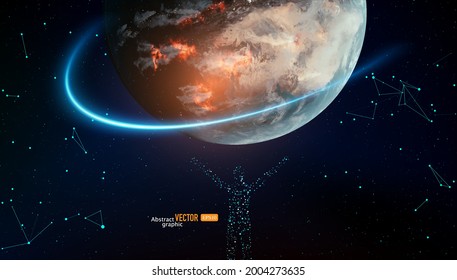 People of particle combination hold up the earth. Abstract vector technology astronomical background.