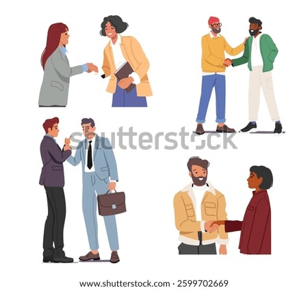 People partners shaking hands during business meeting standing front of each other isolated set on white background. Partnership agreement, handshake and deal confirmation vector illustration
