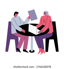 People partners sitting and having business meeting with laptop in office