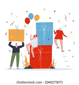 Gente en la fiesta con grandes cajas de regalo. Un hombre trajo un regalo. Celebración entre amigos. Vector plano.