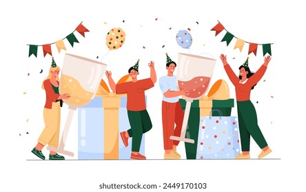 People at party concept. Men and women with alcoholic drinks in hands near present boxes. Surprise and gift. Event, party or holiday. Birthday, Christmas or New Year. Cartoon flat vector illustration