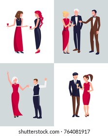People at party, drinking red and white wine and having fun together, talking and dancing on vector illustration isolated on white background