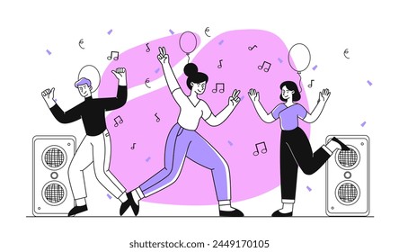 Personas con fiesta en interiores simples. Hombre y mujeres bailando cerca de altavoces con música. Festiva y eventos, entretenimiento. Amigos con disco. Ilustración vectorial plana lineal aislada sobre fondo blanco