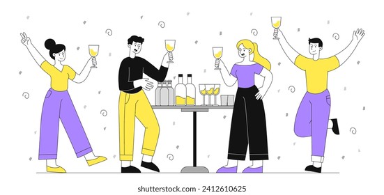 People at party linear. Men and women dancing with glasses with alcoholic drinks and beverages. Young guy and girl with champagne. Doodle flat vector illustration isolated on white background