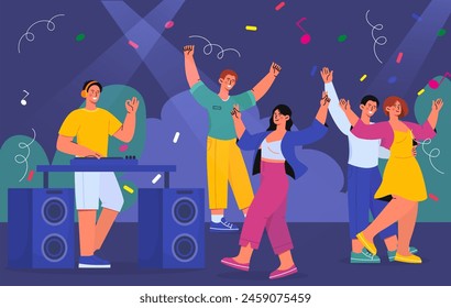 People at party. Men and women with music and speakers. Joyful crowd with holiday and festival. Young guys and girls celebrate together. Leisure and fun. Cartoon flat vector illustration