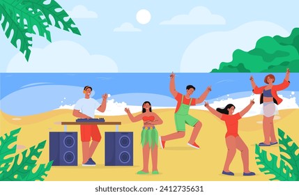 People with party sea. Men and women dancing at beach and sea coast. Tourists at leisure and vacation. Rest in tropical and exotic countries, islands. Cartoon flat vector illustration