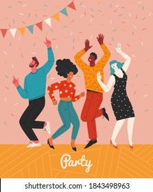 People at the party. Vector illustration of four diverse cartoon dancing people in flat style. Isolated on background with confetti 