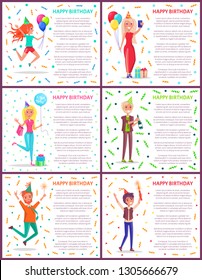 People partying at birthday celebration vector. Woman with balloons taking selfie with smartphone, man with champagne, boy standing under confetti
