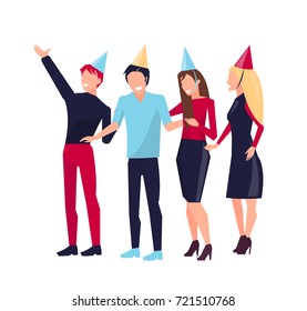 People partying, staying in celebration hat, man raised his hand and smiling while other woman showing something vector illustration isolated on white