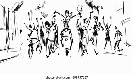 People Partying In The Street. City Life Vector Sketch For Storyboard, Cartoon, Project