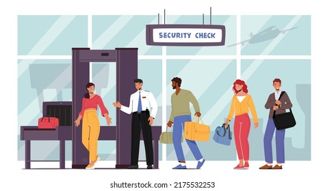 People Pass Security Check. Characters in Airport Pass through Metal Detector Frame. Police Department Screening, Travelers Scanner for Passengers Baggage Check. Cartoon Vector Illustration