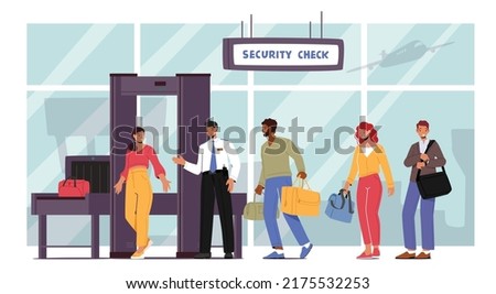 People Pass Security Check. Characters in Airport Pass through Metal Detector Frame. Police Department Screening, Travelers Scanner for Passengers Baggage Check. Cartoon Vector Illustration