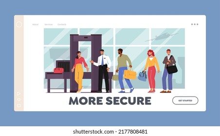 Plantilla de la página de inicio de comprobación de seguridad para personas de paso. Los caracteres del aeropuerto pasan a través del marco del detector de metales. Control del Departamento de Policía, Escáner de Viajeros, Control de Equipaje. Ilustración del vector de dibujos animados