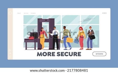 People Pass Security Check Landing Page Template. Characters in Airport Pass through Metal Detector Frame. Police Department Screening, Travelers Scanner, Baggage Check. Cartoon Vector Illustration