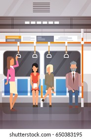People Passangers In Subway Car Modern City Public Transport, Underground Tram Flat Vector Illustration