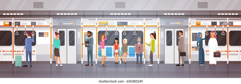 People Passangers In Subway Car Modern City Public Transport, Underground Tram Flat Vector Illustration