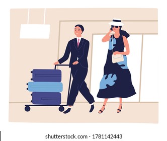 People, passenger at airport, depart, arrival for journey. Porter man pushes trolley with baggage. Busy woman talking, call by phone, going to summer vacation, trip. Flat cartoon vector illustration