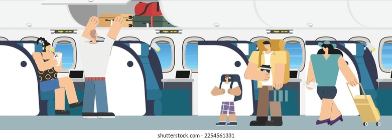 people passenger boarding airplane to sitting on chairs in plane  business class cabin during air flight. Side view of people boarding traveling by aircraft