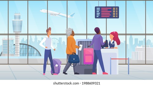 People passenger at international airport check in vector illustration. Cartoon tourist characters standing in line before travel, airline desk counter for checking ticket documents background