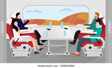 People passenger sitting on chair in train. Happy man and women are laugh together in talking travel journey. Vector illustration in flat style.