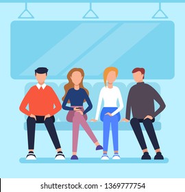 People passengers characters sitting in wagon metro and using phone. City urban transportation concept. Vector flat cartoon graphic design illustration